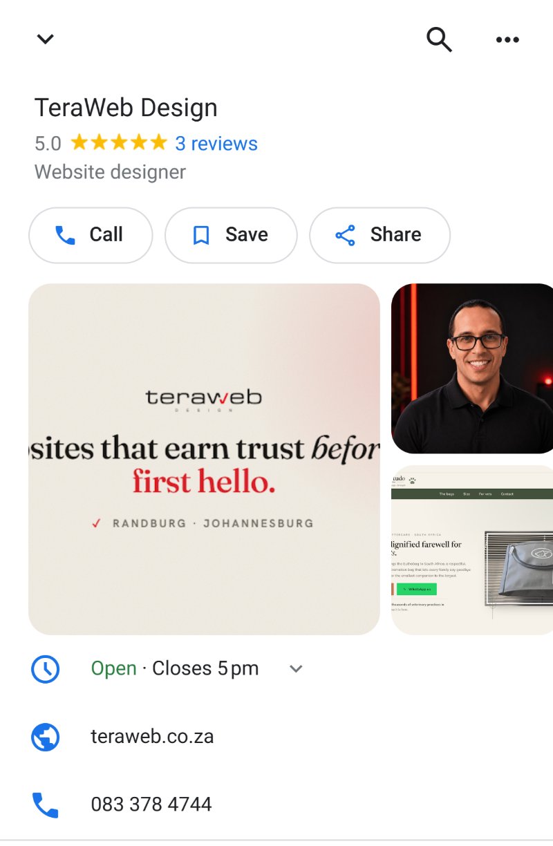 TeraWeb Design's own Google listing on a phone, with the stars, the category, the call button, the photos, the hours, the website and the phone number